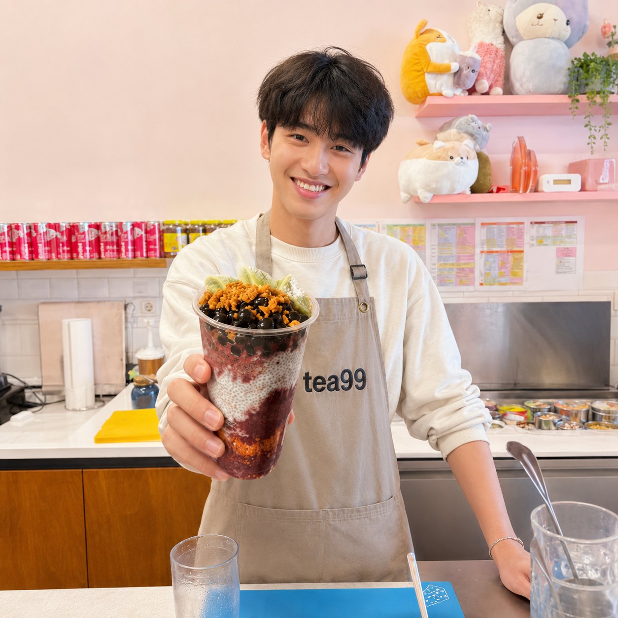 tea99 hanau team member smiling mit frisch gezapfter açaí bowl hinter dem tresen