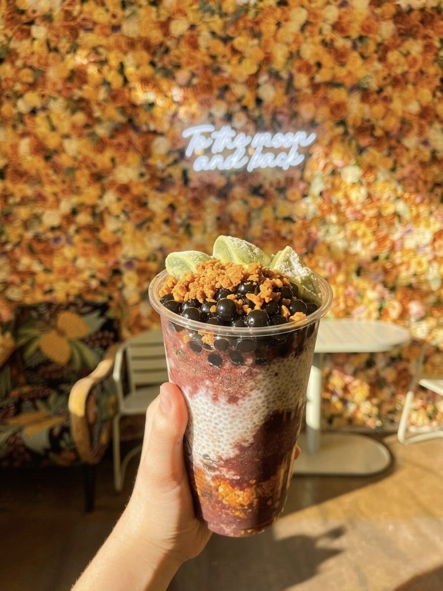 açaí bowl mit kuromitsu boba und matcha mochi vor rosen-wand mit neon 'to the moon and back' im tea99 frankfurt store
