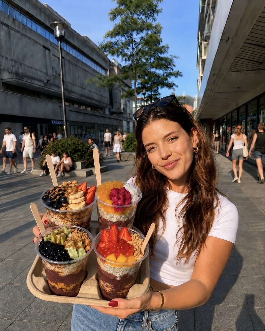 vier frisch zubereitete açaí bowls auf holztablett in der hanauer innenstadt — mit blaubeere, mango, drachenfrucht, granola und peanut butter layern · tea99 hanau in der nordstraße