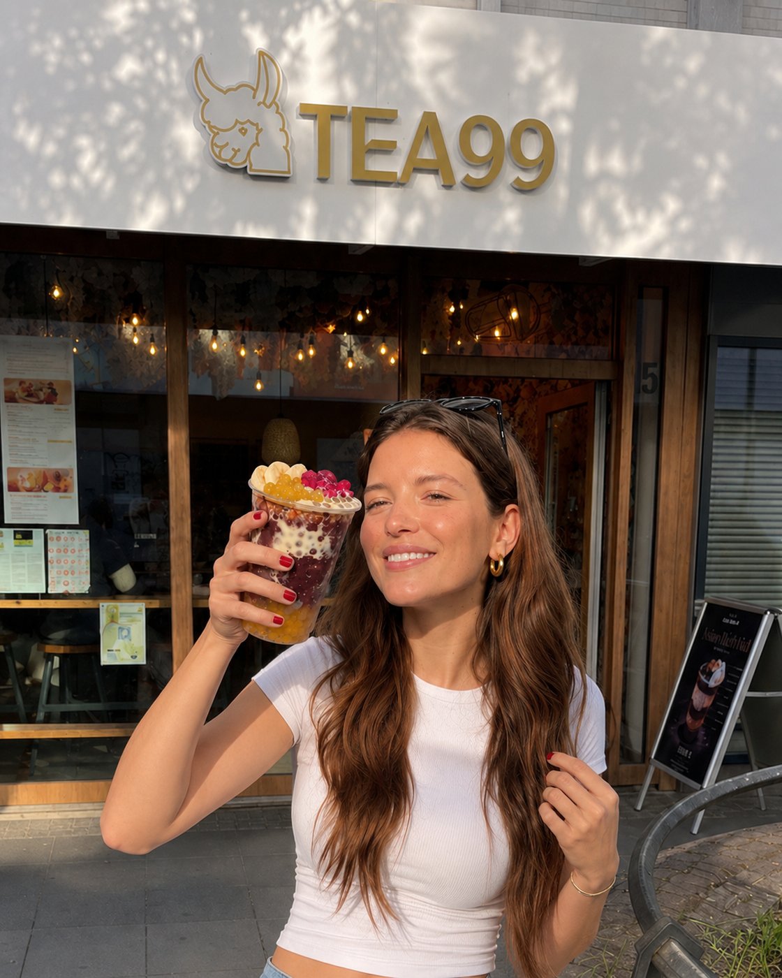 frankfurter kundin lächelt mit açaí bowl vor tea99 neue kräme