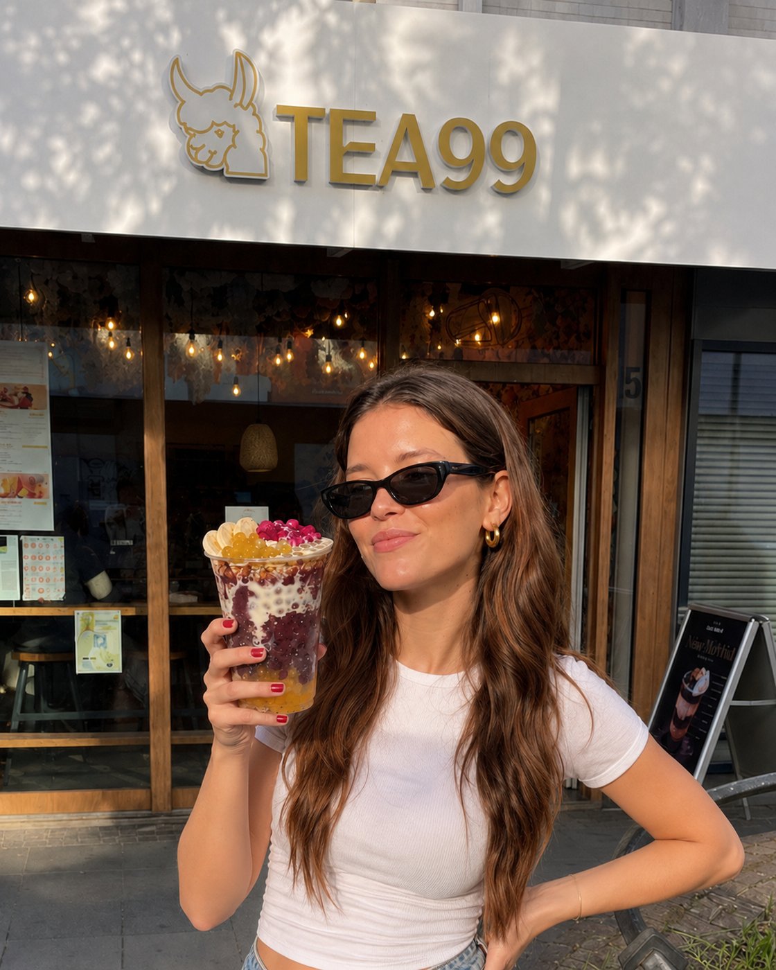 kundin mit sonnenbrille hält açaí bowl bei tea99 frankfurt am sandhof passage